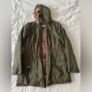 Olive Green Hooded Parka with Leopard Lining